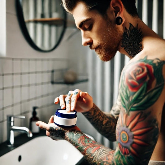 Un jeune homme fraîchement tatoué prenant une petite quantité de baume en vue de l'appliquer sur son tatouage