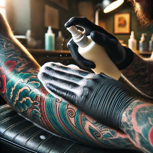 Un tatoueur appliquant une mousse nettoyante sur un tatouage