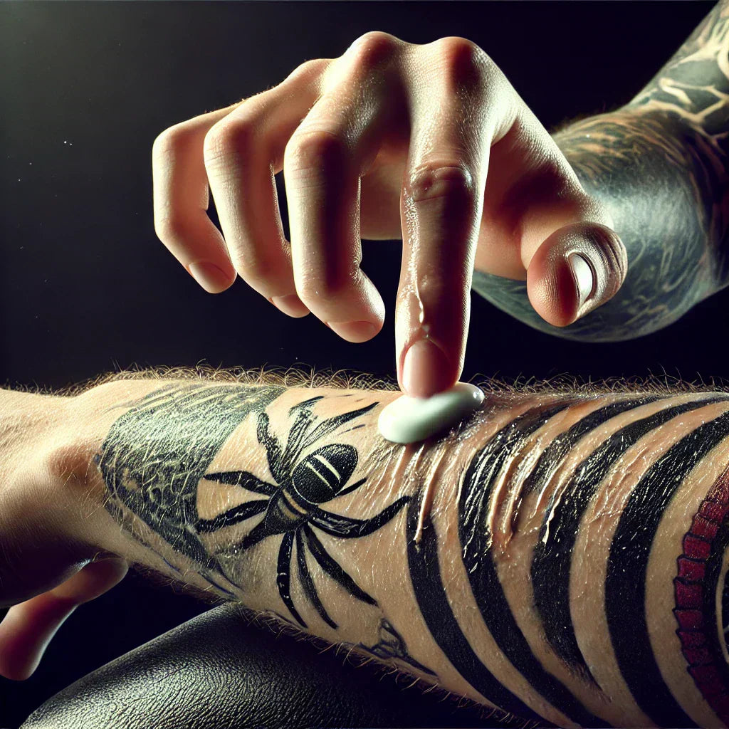 Une personne appliquant beaucoup trop de baume sur son tatouage 