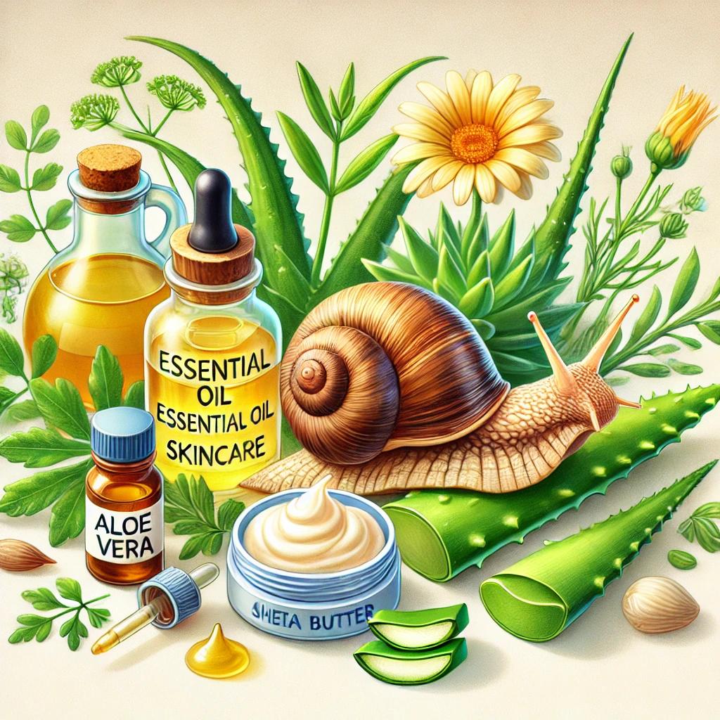 Un escargot entouré d'ingrédients naturels