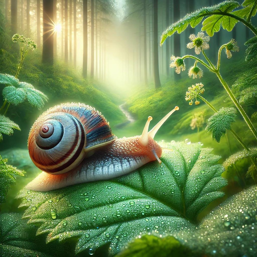 Un escargot se baladant sur une feuille verte en pleine nature